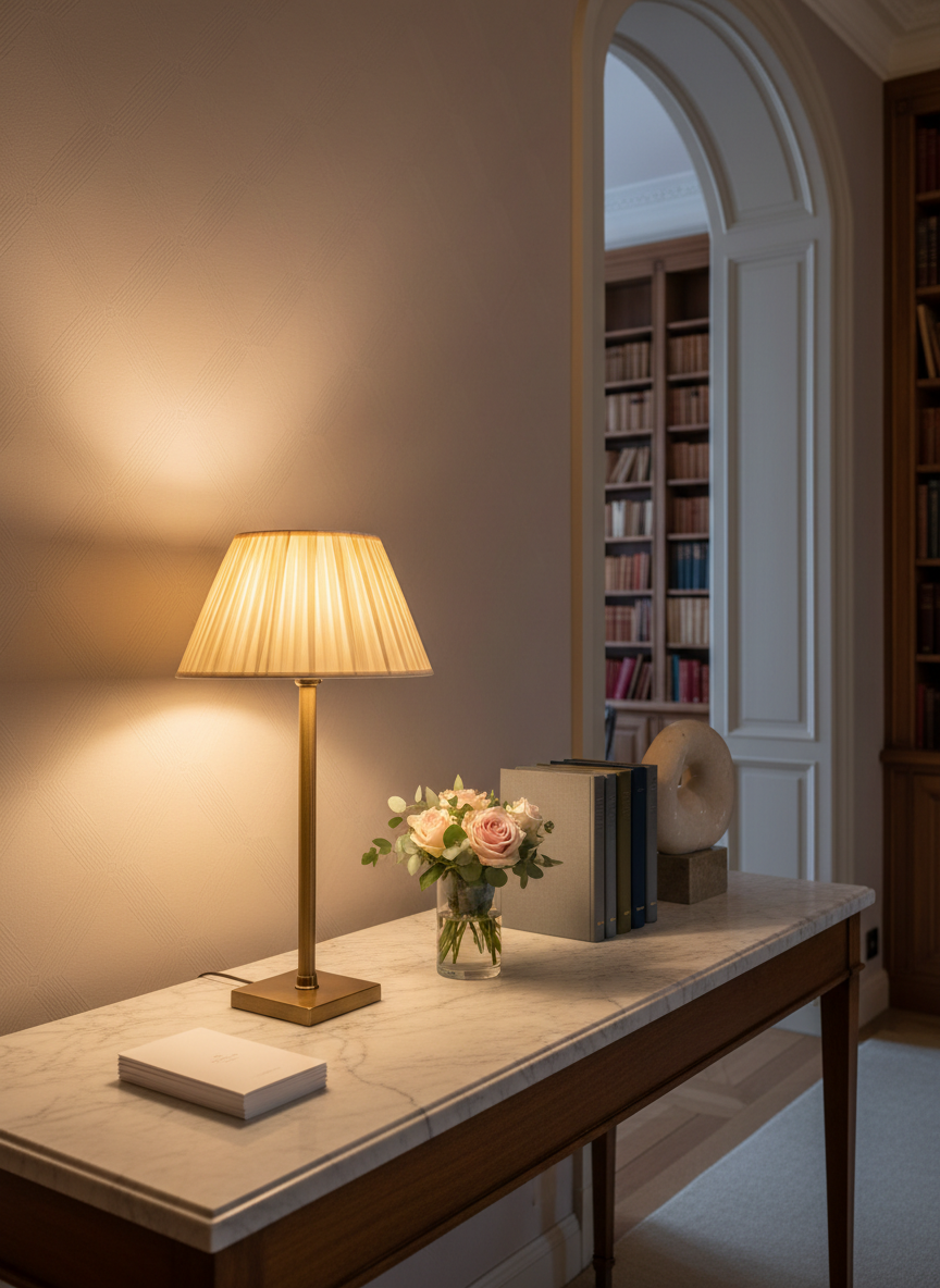 An elegant reception area for a Paris cultural and literary event, focused on a marble-topped console table standing against a subtly patterned, pale taupe wall. On the table rests a neat stack of event programs represented as blank, creamy cards, a vintage brass desk lamp with a pleated shade casting warm focused light, and a small arrangement of pale roses and eucalyptus in a clear glass vase. To one side, a row of sleek, muted-tone hardcover books leans against a sculptural stone bookend. The background suggests, in soft blur, an open doorway leading to a salon lined with tall bookshelves. Photographic realism, captured at eye level with balanced, gentle lighting that combines lamp glow and faint ambient evening light, creating a welcoming, refined atmosphere of discreet exclusivity.