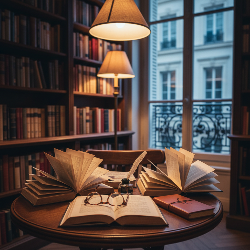 An inviting corner of a chic Parisian literary club, centered on a small round bistro table in dark polished wood, arranged for a book discussion evening. On the table, several open books with cream pages fan outward, a pair of tortoiseshell reading glasses rests on one, and a slim leather notebook lies beside a finely crafted ink bottle and nib. The backdrop reveals built-in bookshelves filled with hardbound volumes, an antique floor lamp, and a hint of wrought-iron balcony railings outside a tall window. Soft warm pendant lighting from above mixes with cool twilight seeping in, creating a balanced, cozy glow. Photographic realism, framed using the rule of thirds at a slightly elevated angle, with gentle background blur to emphasize the table’s details and convey a sophisticated, cultured Parisian ambiance.