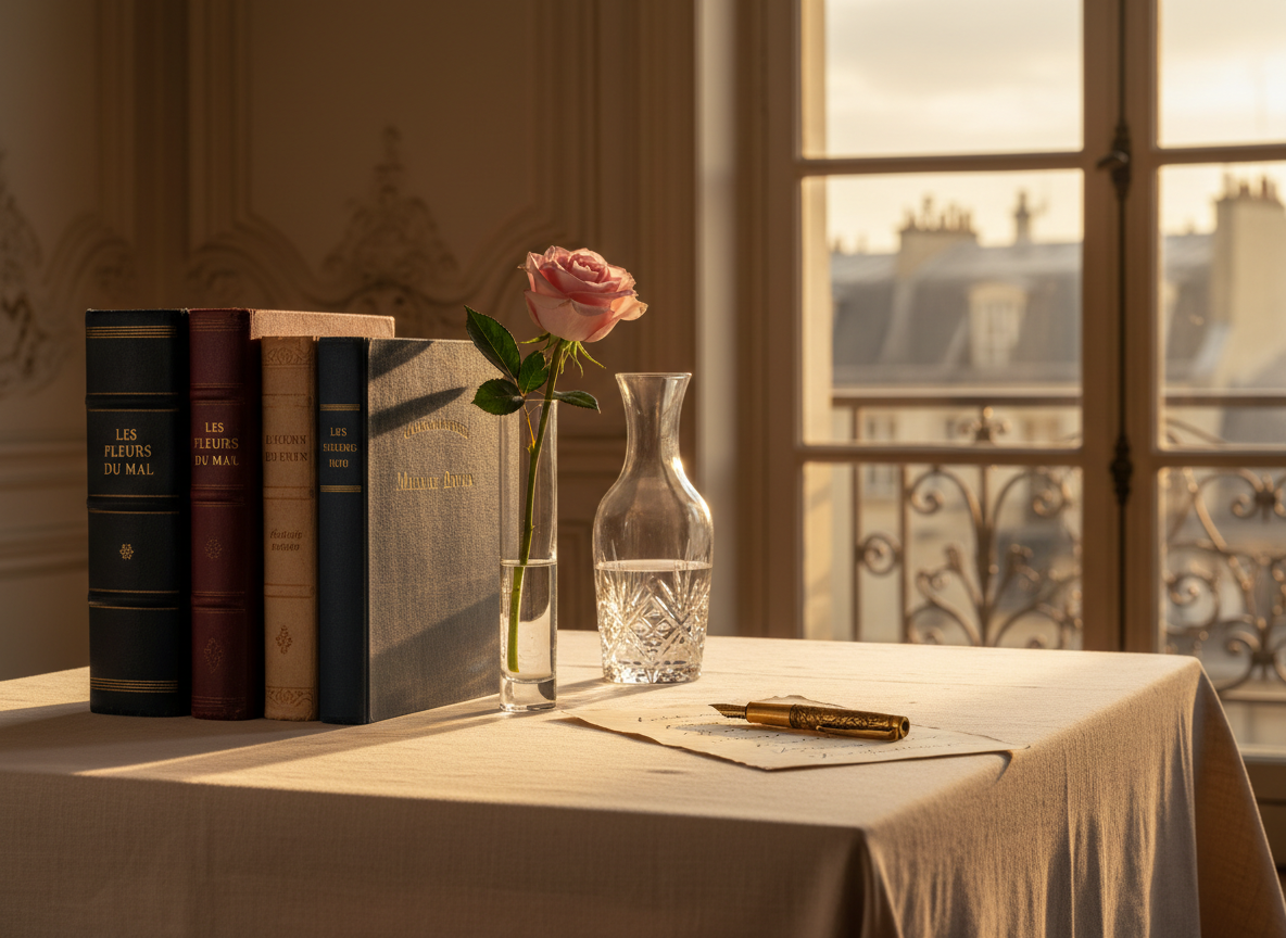 A refined still life of an elegant reading table prepared for a Paris literary evening, featuring a stack of hardback French novels with textured cloth covers in deep burgundy, midnight blue, and cream. A crystal water carafe and a single pale pink rose in a slender glass vase sit beside a brass fountain pen resting on handmade paper. The scene is set in a softly lit Haussmann-style salon with high moulded walls and a tall window overlooking blurred Parisian rooftops. Warm, diffused golden hour light enters from the side, creating delicate reflections on the glass and gentle shadows on the linen tablecloth. Photographic realism, shot at eye level with a shallow depth of field, creating a sophisticated, intimate mood that evokes quiet anticipation before an exclusive literary event.