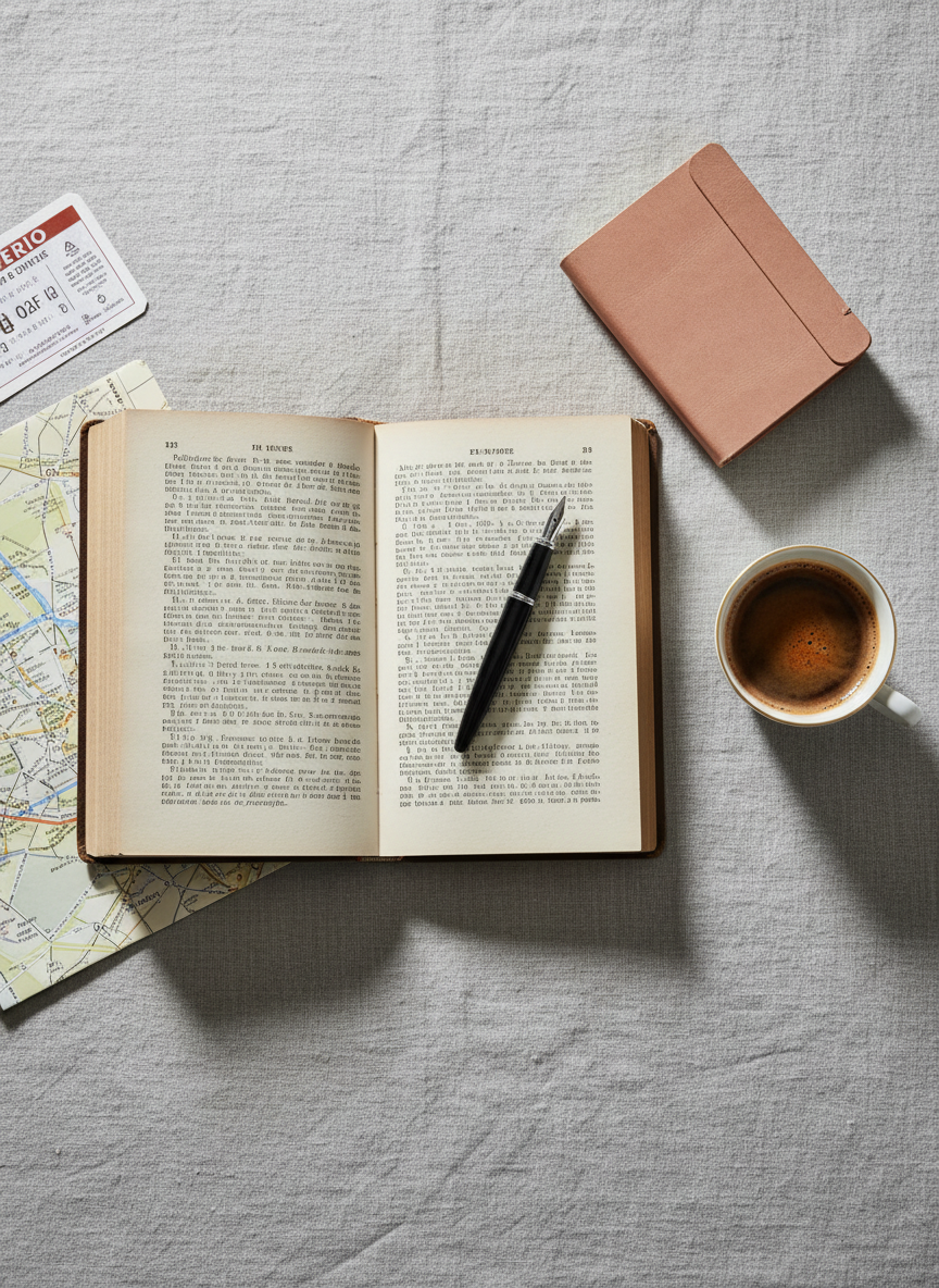 A sophisticated flat-lay composition celebrating Parisian book culture, arranged on a textured, dove-grey linen surface. At the center lies an open French novel with slightly yellowed pages and deckled edges, surrounded by a slim black fountain pen, a small leather-bound notebook in antique blush, and a delicate porcelain espresso cup half full with rich dark coffee. A metro ticket corner and a folded map segment hint at cultural outings across Paris. Soft, diffused natural daylight from the top edge of the frame creates gentle, even illumination and faint shadows, emphasizing texture without harsh contrast. Photographic realism, shot from a bird’s-eye view with sharp focus throughout, conveying a calm, thoughtful, and sophisticated mood suitable for an events calendar banner about literary walks, readings, and cultural rendezvous in the city.