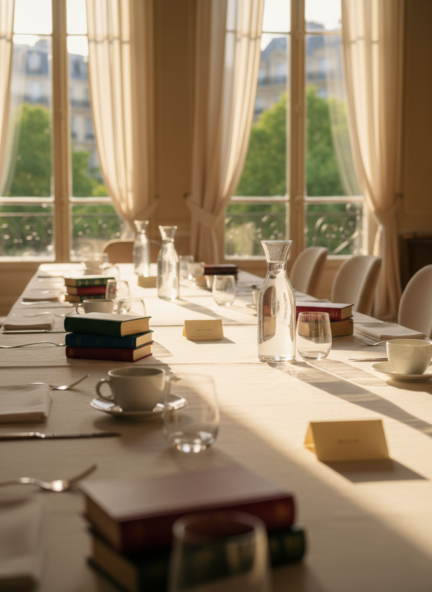 A long, beautifully set table prepared for an intimate literary salon in Paris, captured in photographic realism. The table is covered with an ivory linen cloth and lined with small clusters of hardback books in muted jewel tones, slender glass carafes of water, and minimalist white porcelain cups on matching saucers. Delicate place markers are suggested by folded blank cream cards, no visible text. In the background, tall windows reveal an out-of-focus glimpse of Parisian architecture and treetops. Golden-hour light streams through sheer curtains, casting elongated, elegant shadows across the table and creating a subtle shimmer on crystal tumblers. Shot from a slightly low, diagonal angle along the table’s length, with a medium depth of field that keeps the near objects crisp while gently softening the far end, evoking calm anticipation and refined conversation to come.